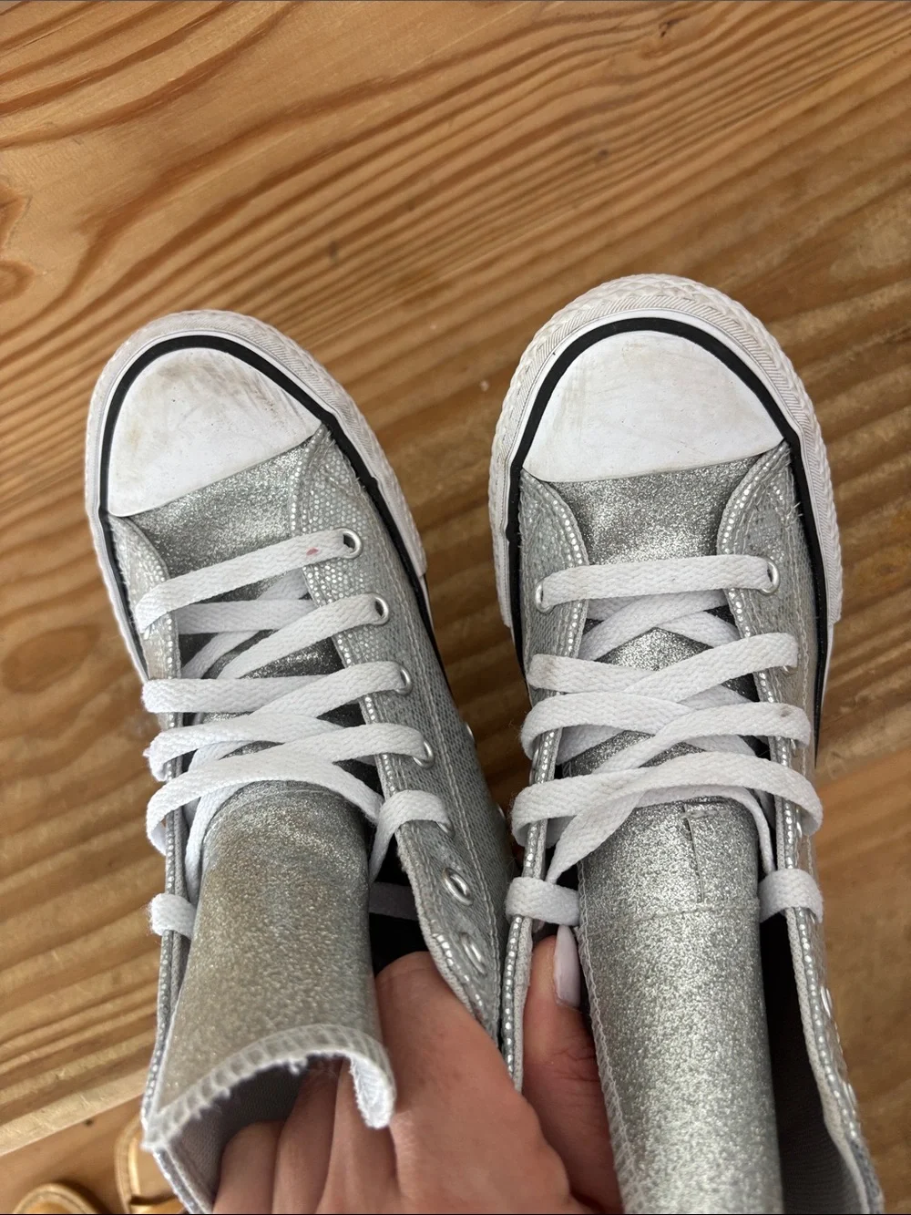 Silver sparkly high top converse